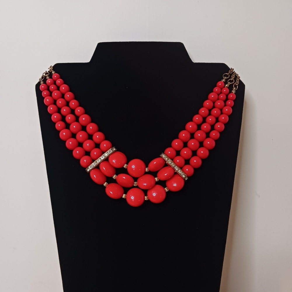 Red 3 Strand Beaded Layered Statement Necklace With Rhinestones 80s Vintage